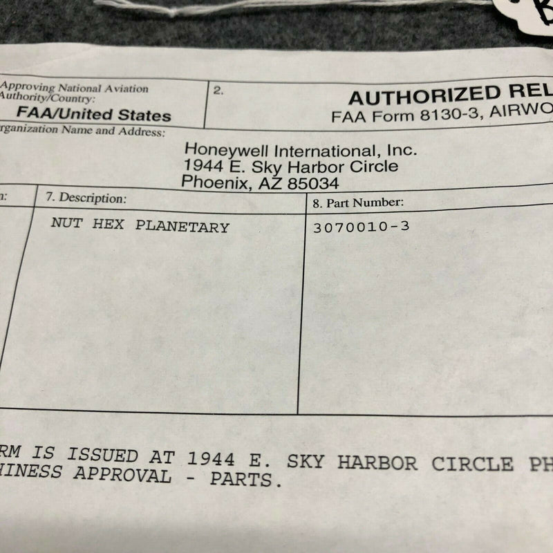 Honeywell Hex Nut P/N 3070010-3 (New W/8130)