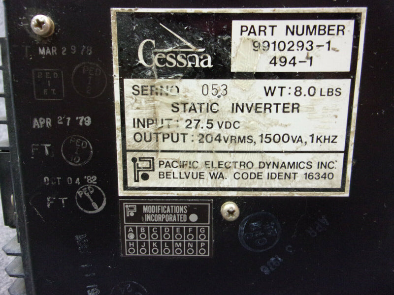 Cessna Pacific Electro Static Inverter P/N 9910293-1  494-1