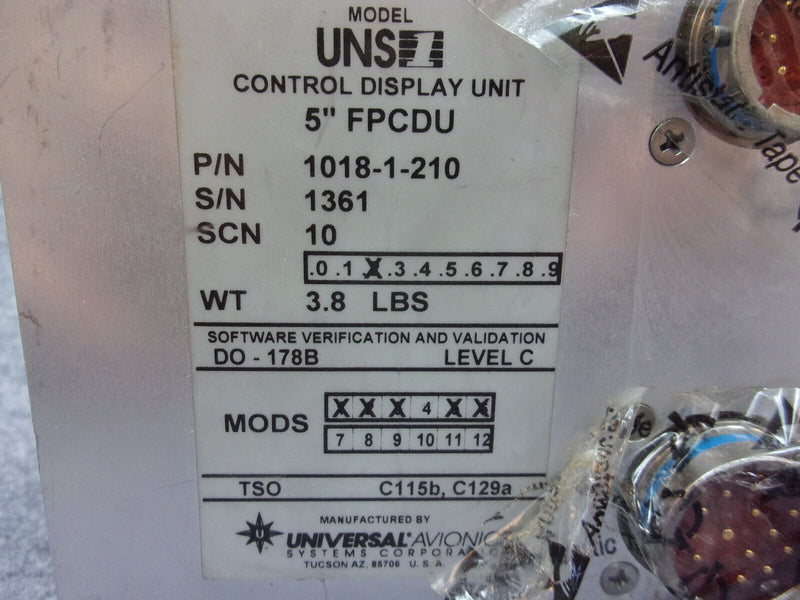 Universal Avionics UNS1 Control Display Unit P/N 1018-1-210