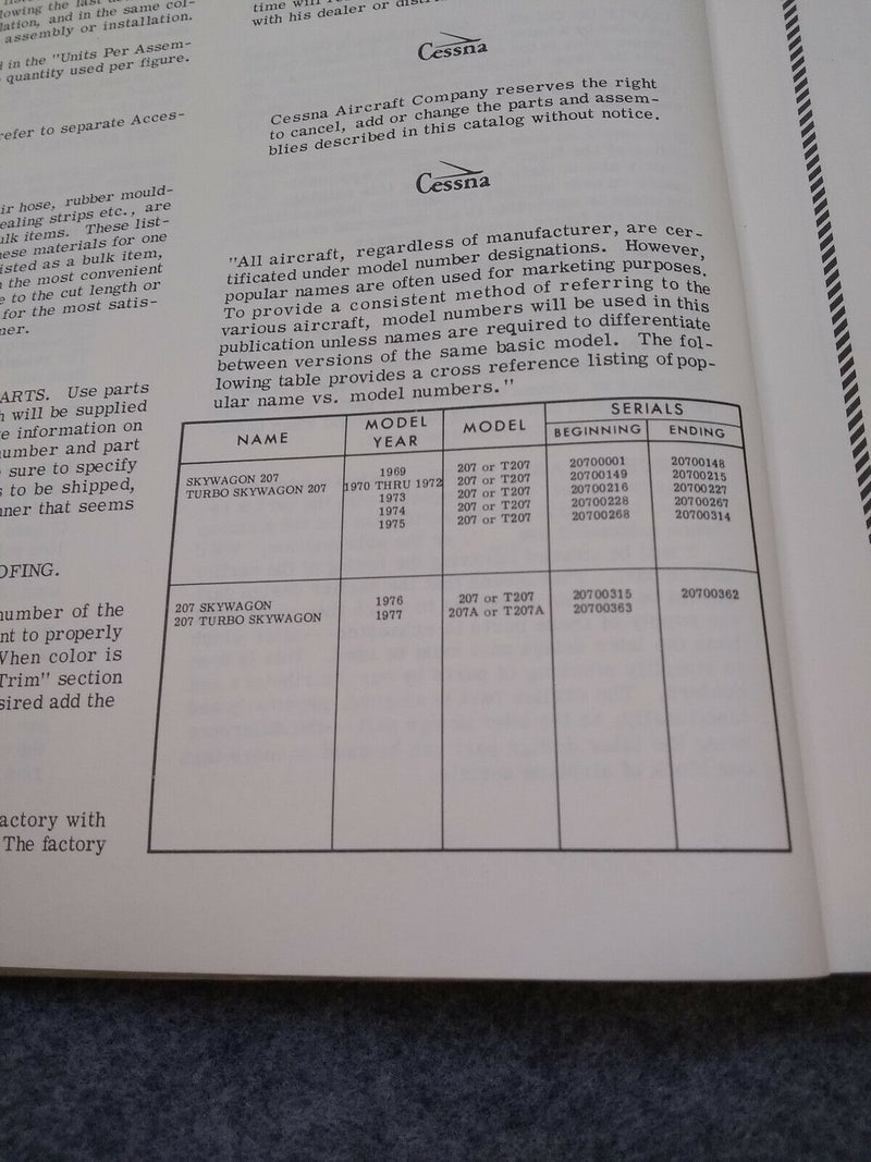 Cessna 207 T207 Skywagon Parts Catalog 1969-1977