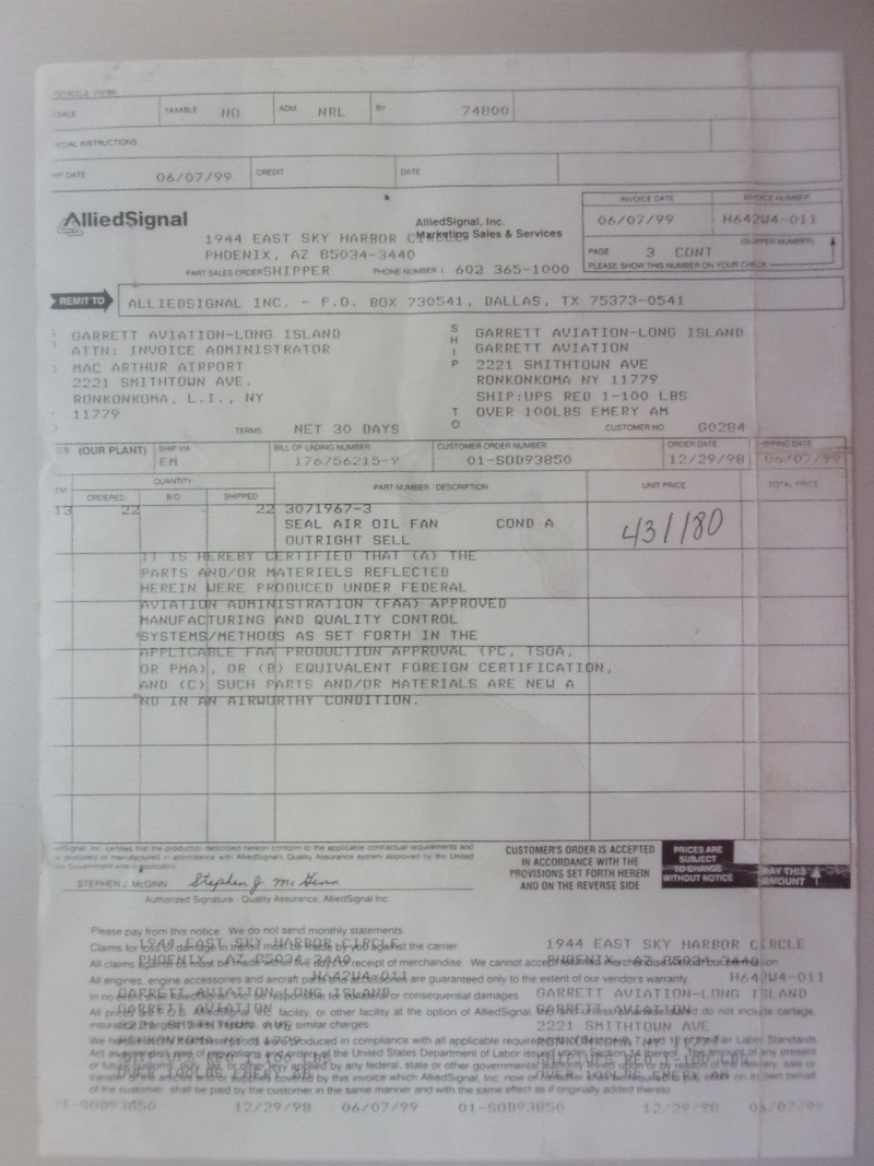 Honeywell Air Oil Fan Seal P/N 3071967-3 (New W/CoC)