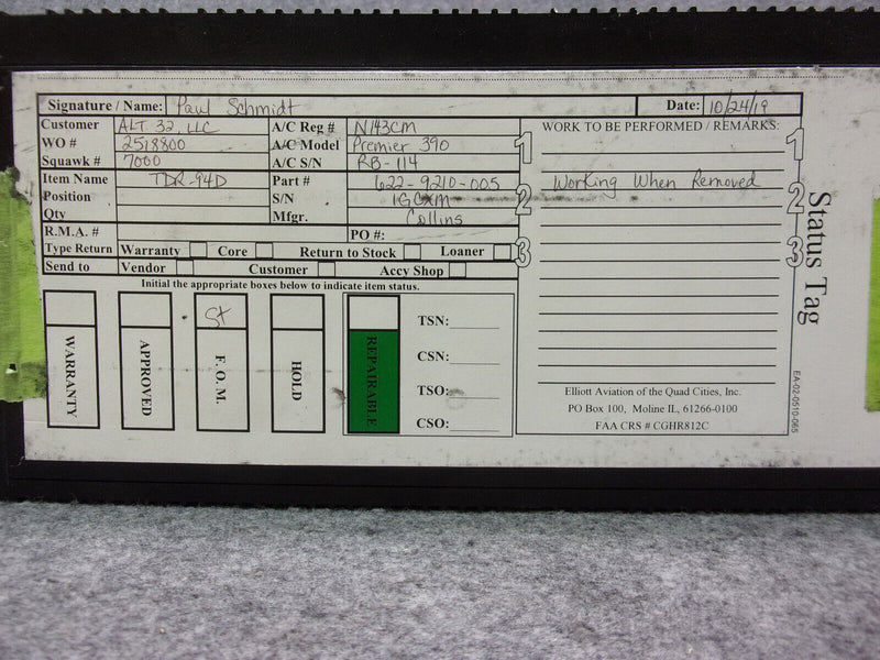 Collins TDR-94D ATC Mode S Transponder P/N 622-9210-005