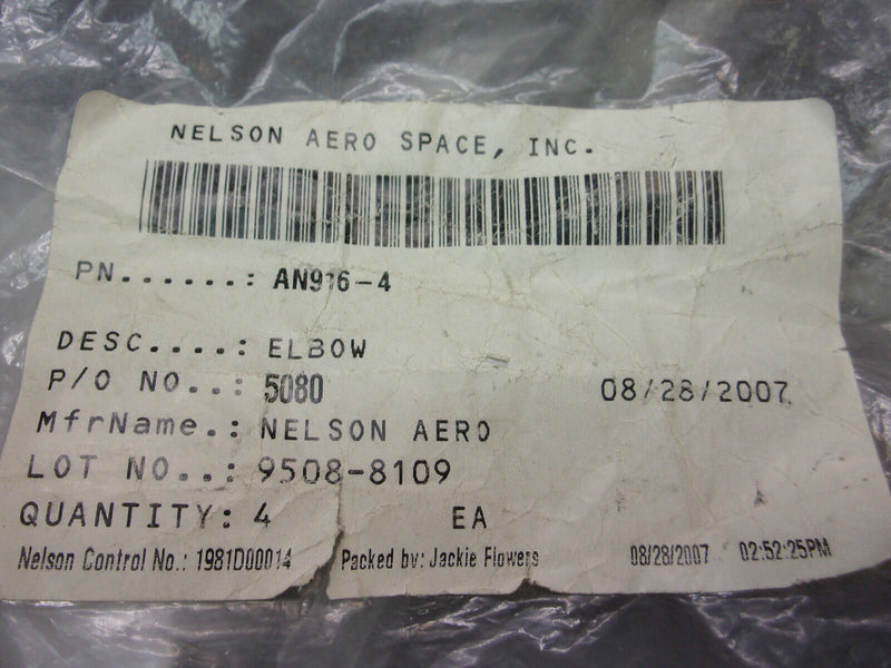 Nelson Aero Space Elbow P/N AN916-4