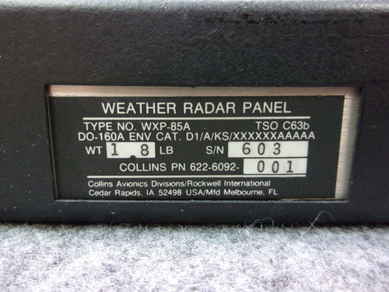 Collins WXP-85A Weather Radar Panel P/N 622-6092-001