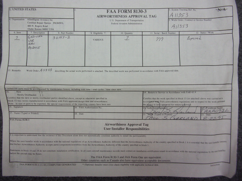 Allied Signal GNS-1000 VOR NAV Module P/N 30195-2 (Repaired W/8130)