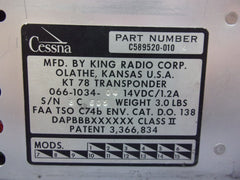 Cessna 300 King KT78 Transponder P/N C589520-010 066-1034-04