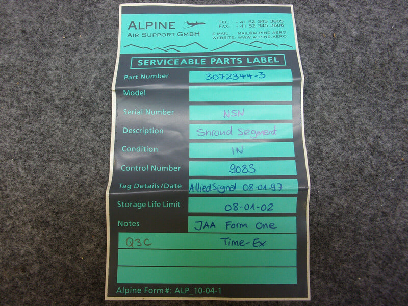 Honeywell Turbine Shroud Segment P/N 3072344-3 (Inspected W/JAA Form1)