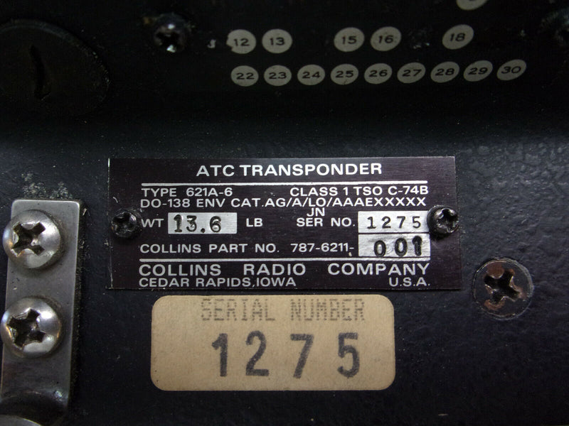 Collins 621A-6 ATC Transponder P/N 787-6211-001