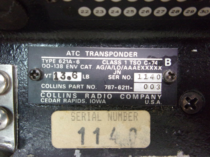 Collins 621A-6 ATC Transponder P/N 787-6211-003