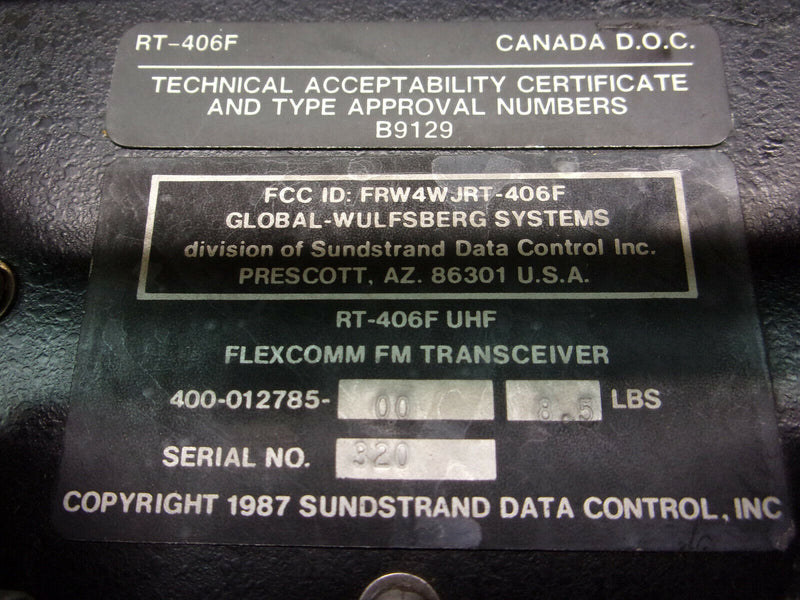 Global-Wulfsberg RT-406F FM Transceiver And Tray P/N 400-012785-00 Tested w/8130