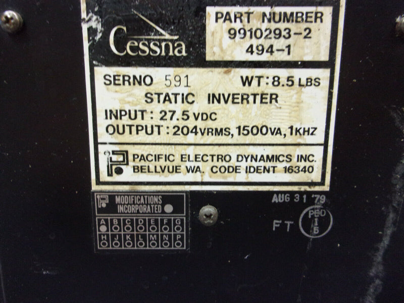 Cessna Pacific Electro Static Inverter P/N 9910293-2  494-1