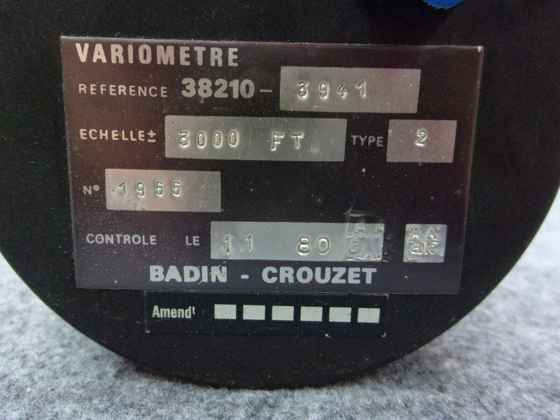 Badin Crouzet Vertical Speed Indicator P/N 38210-3941 (Inspected w/8130)