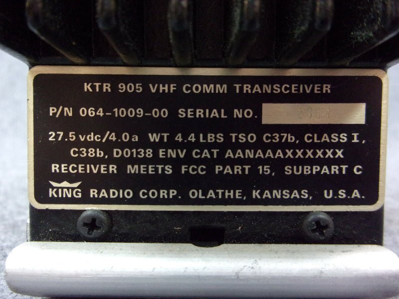 King KTR-905 VHF Comm Tranceiver P/N 064-1009-00 With Tray