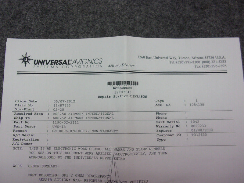 Universal Avionics UNS-1Bplus FMS NCU P/N 1190-02-2111 (Modified W/8130)