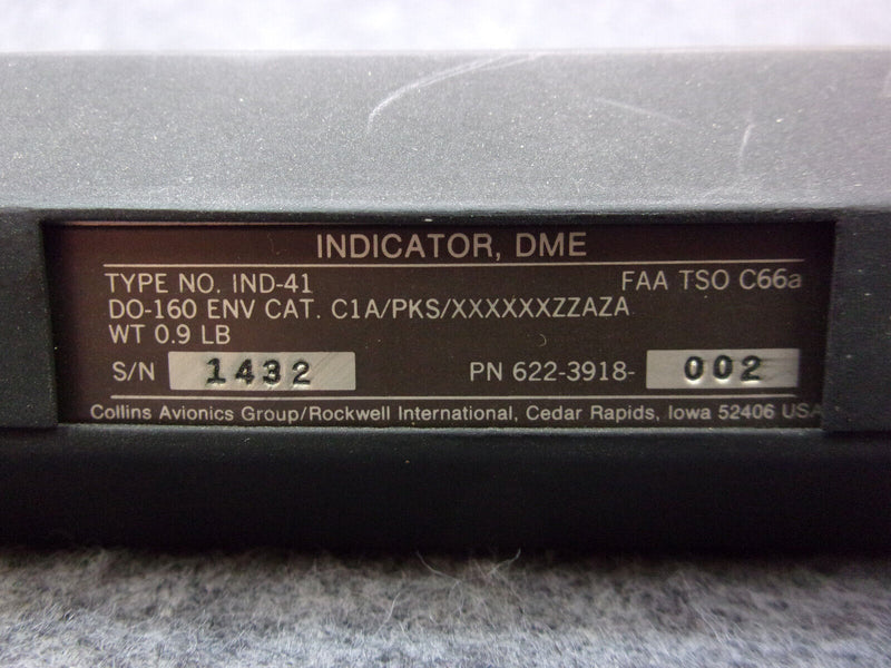 Collins IND-41 DME Indicator P/N 622-3918-002