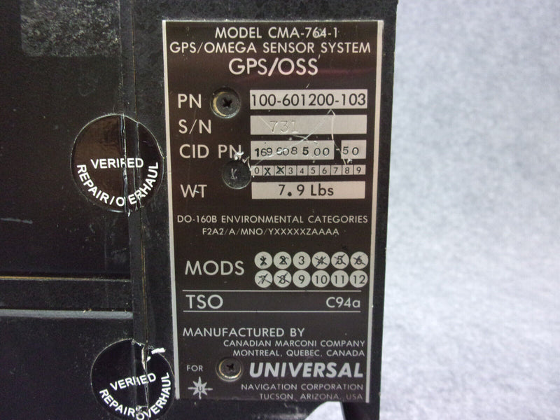 Universal Avionics CMA-764-1 GPS/OSS  P/N 100-601200-103