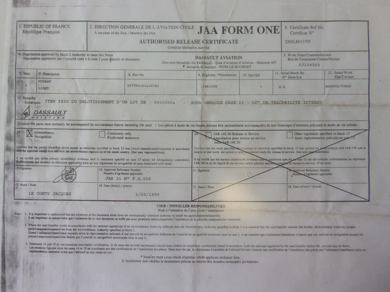Dassault Falcon Generator Light P/N 307VR01K1L36CEJ (New W/Form One)