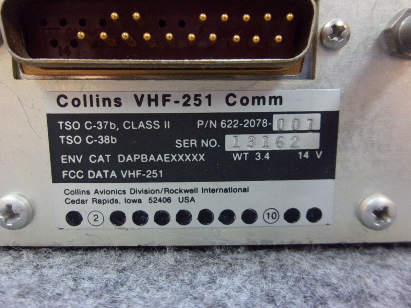 Collins VHF-251 Com Tranceiver P/N 622-2078-001