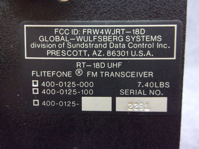 Global-Wulfsberg RT-18D UHF Flitefone FM Transceiver With Tray P/N 400-0125-000