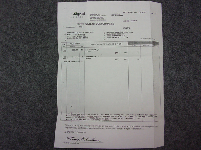 Honeywell Tubular Rivet P/N 3072444-24 (With CoC)