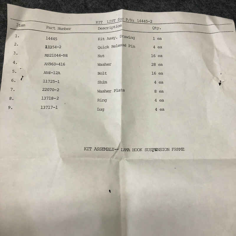 Aerospatiale Lama Hook Suspension Frame Kit P/N 14445-2