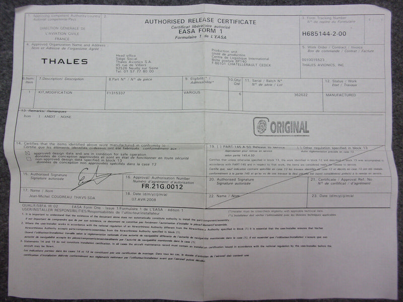 Thales Modification Kit P/N F1315337 (New W/ EASA Form 1)