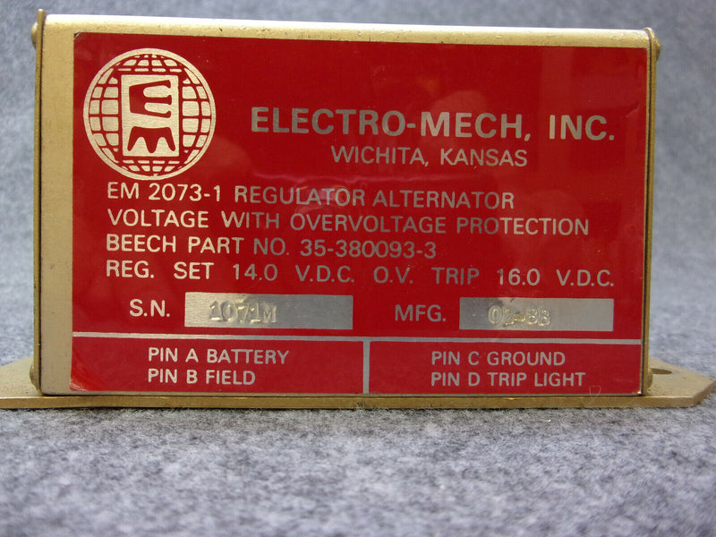 Beechcraft Electro-Mech 14V Voltage Regulator P/N 35-380093-3 EM2073-1 (Core)