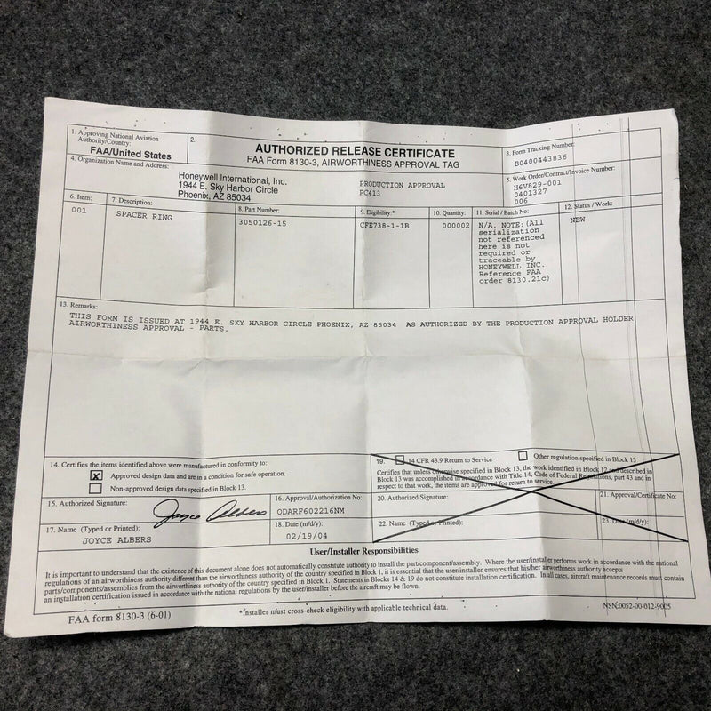 Honeywell Spacer Ring P/N 3050126-15 New W/ 8130