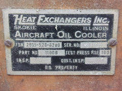 Heat Exchangers Inc FSN 2935-528-6290 Oil Cooler P/N 1100B