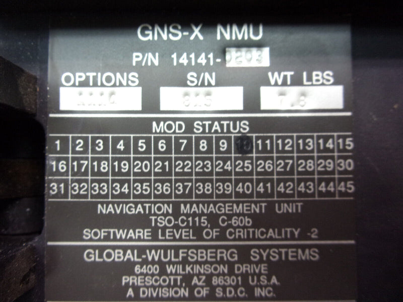 Global-Wulfsberg GNS-X NMU Nav Management Unit P/N 14141-0203-1114