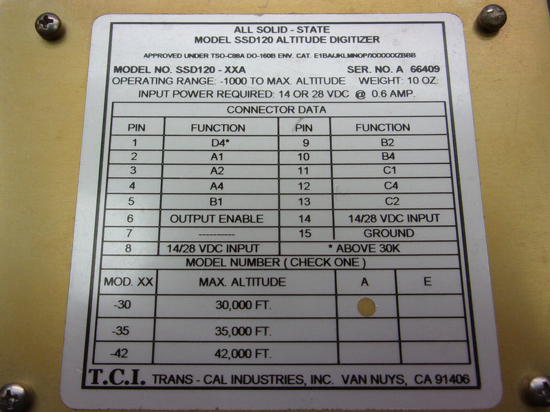 Trans-Cal SSD120-30A Altitude Digitizer (New Surplus)