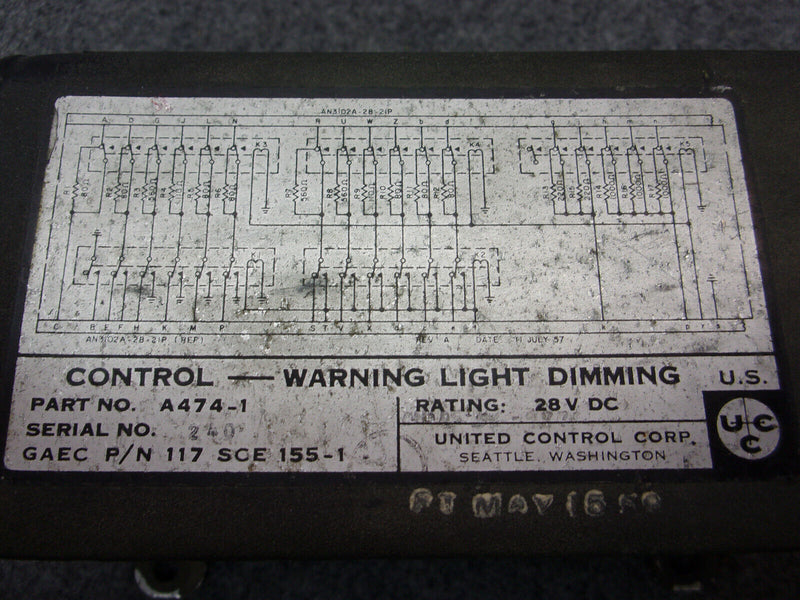 Grumman United Control Corp A474-1 Warning Light Dimming Control P/N 117SCE155-1