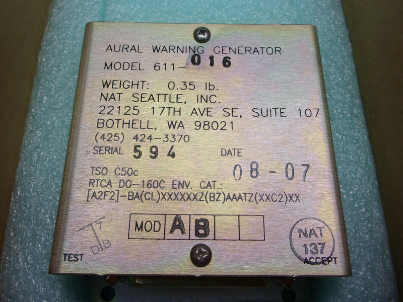 NAT Aural Warning Generator P/N 611-016 (New w/8130)