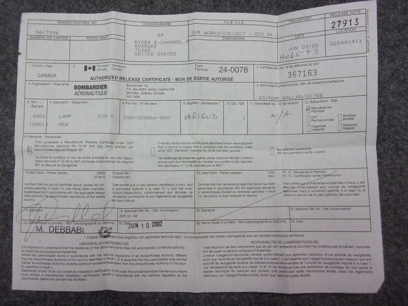 Bombardier Lamp P/N 220-352866-000 (New W/TCCA 24-0078)