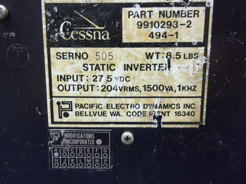 Cessna Pacific Electro Static Inverter P/N 9910293-2  494-1