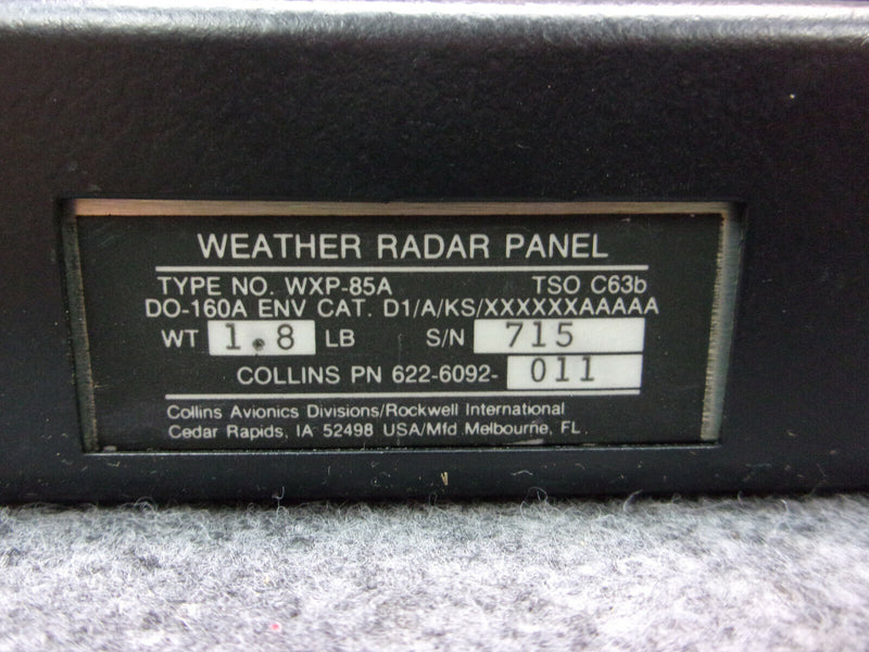 Collins WXP-85A Weather Radar Panel P/N 622-6092-011