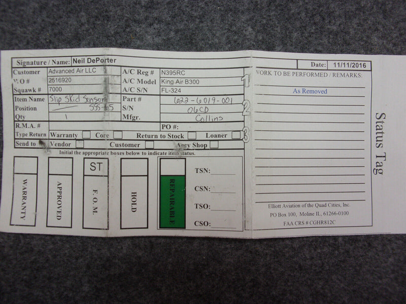 Collins SSS-65 Slip Skid Sensor P/N 622-6019-001