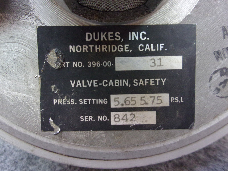Piper 492-187 Dukes Cabin Safety Valve P/N 396-00-31